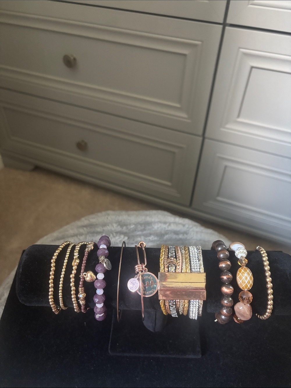 Vintage Mixed Metallic and Purple Bead Stackable Bracelet Set